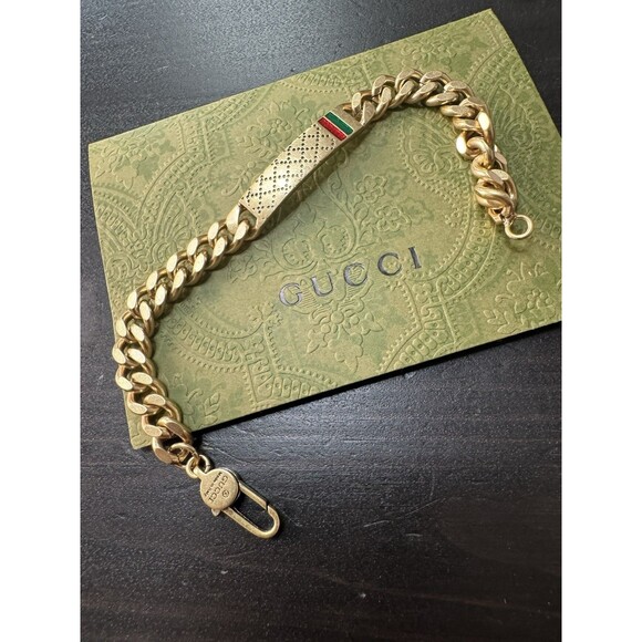 Vintage Gucci Men Curb Cuban Interlocking Gold Tone Chain Bracelet - Picture 1 of 8